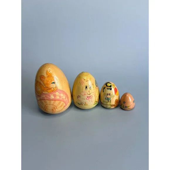 Hand-Painted Wooden Nesting Egg Set With Adorable Animal Designs & Pastel Colors - Picture 2 of 6